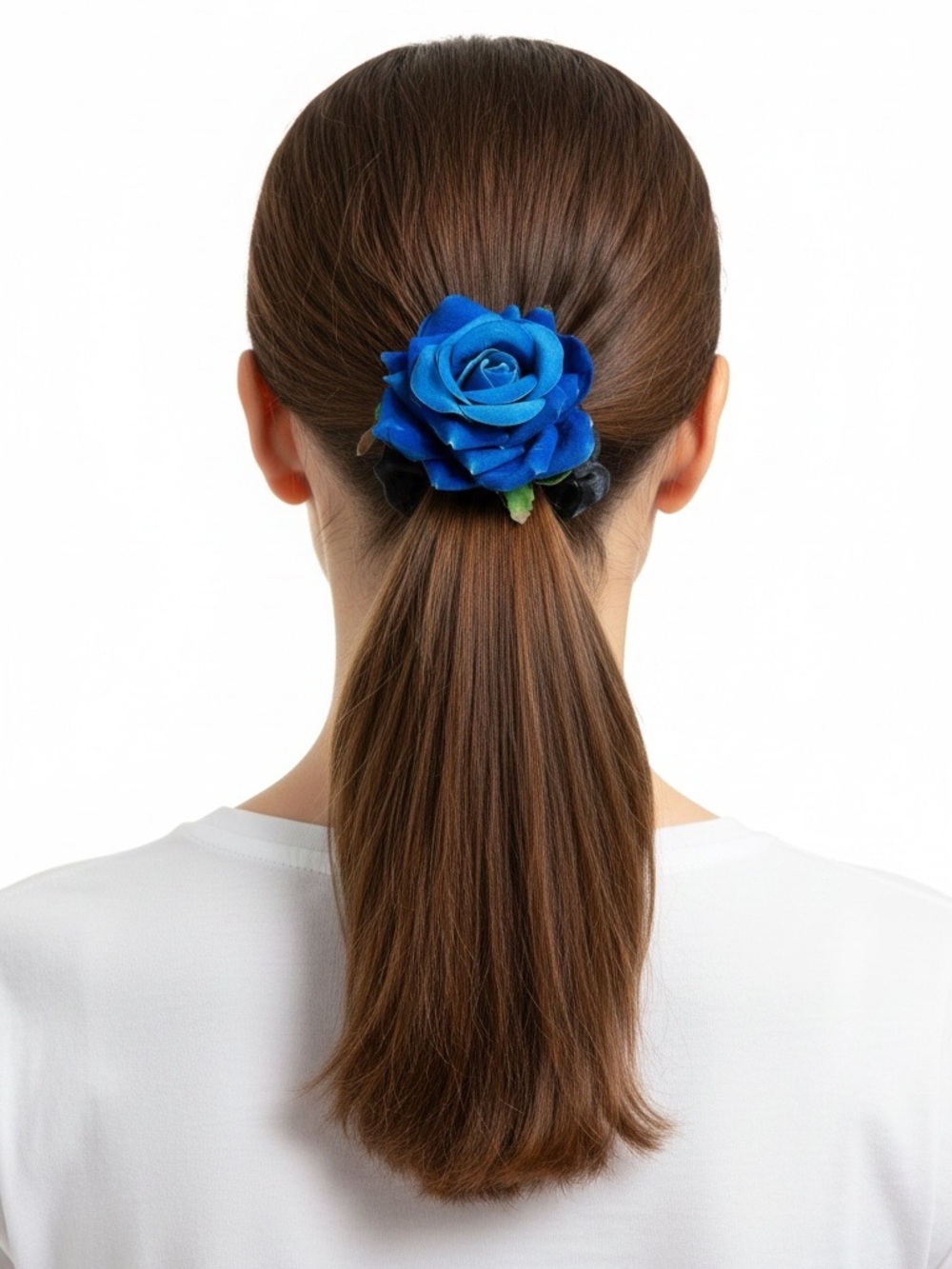 Turquoise Blue Rose Silk Flower Floral 3" Black Chiffon Sheer Scrunchie Hair Tie